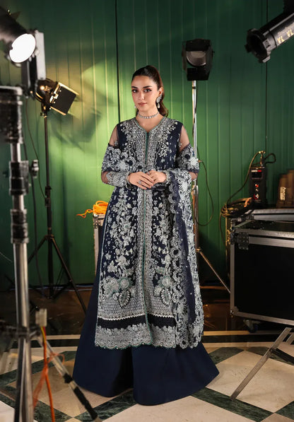 Skyfall by Elaf Stardom ’25 features hand-embroidered poly-net panels, detailed dupatta, and raw silk inner — perfect for formal evenings and festive elegance.