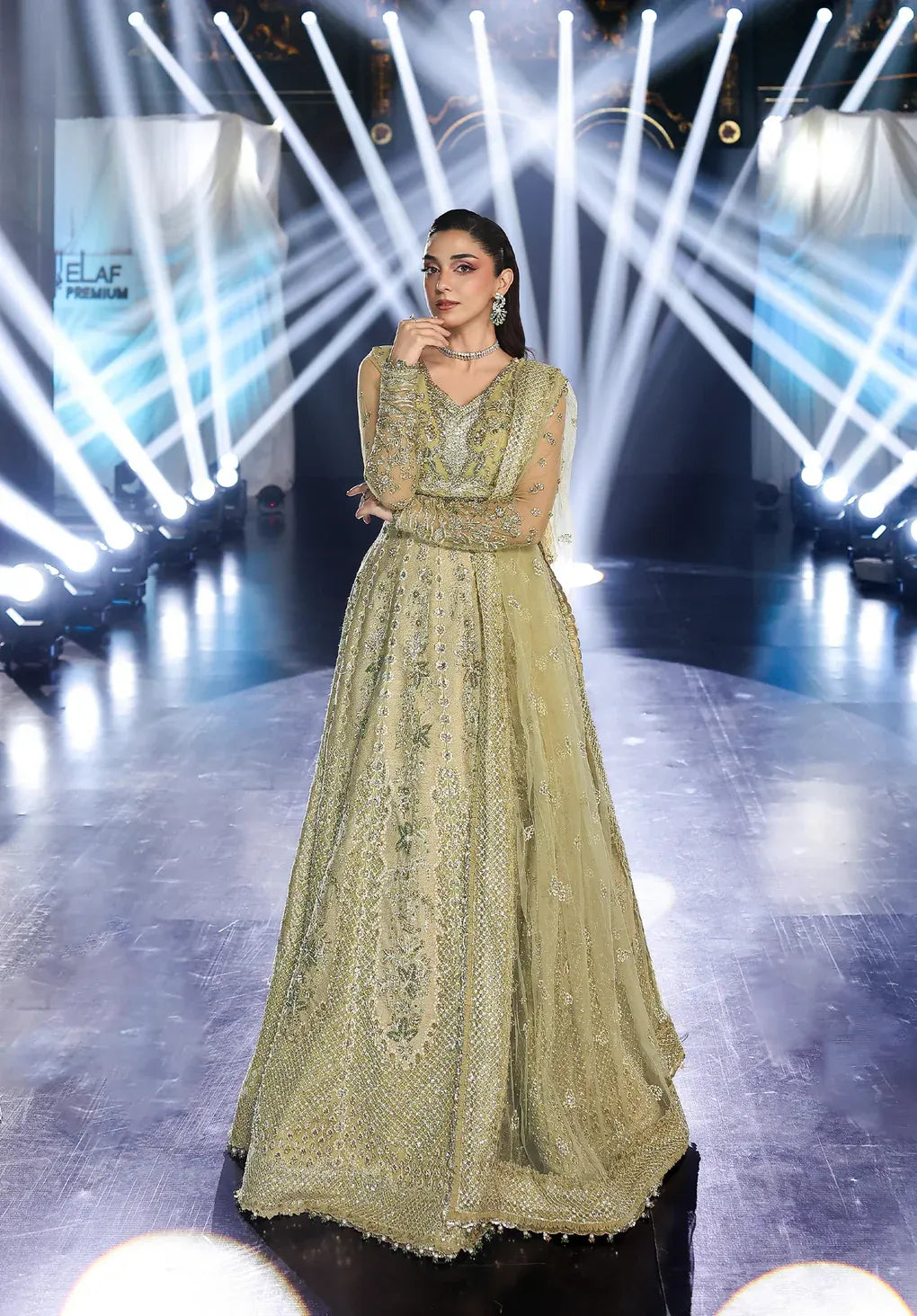 Mint Majesty by Elaf Stardom ’25 features hand-embroidered organza-poly net panels, elegant dupatta, and raw silk inner — perfect for festive and formal events.