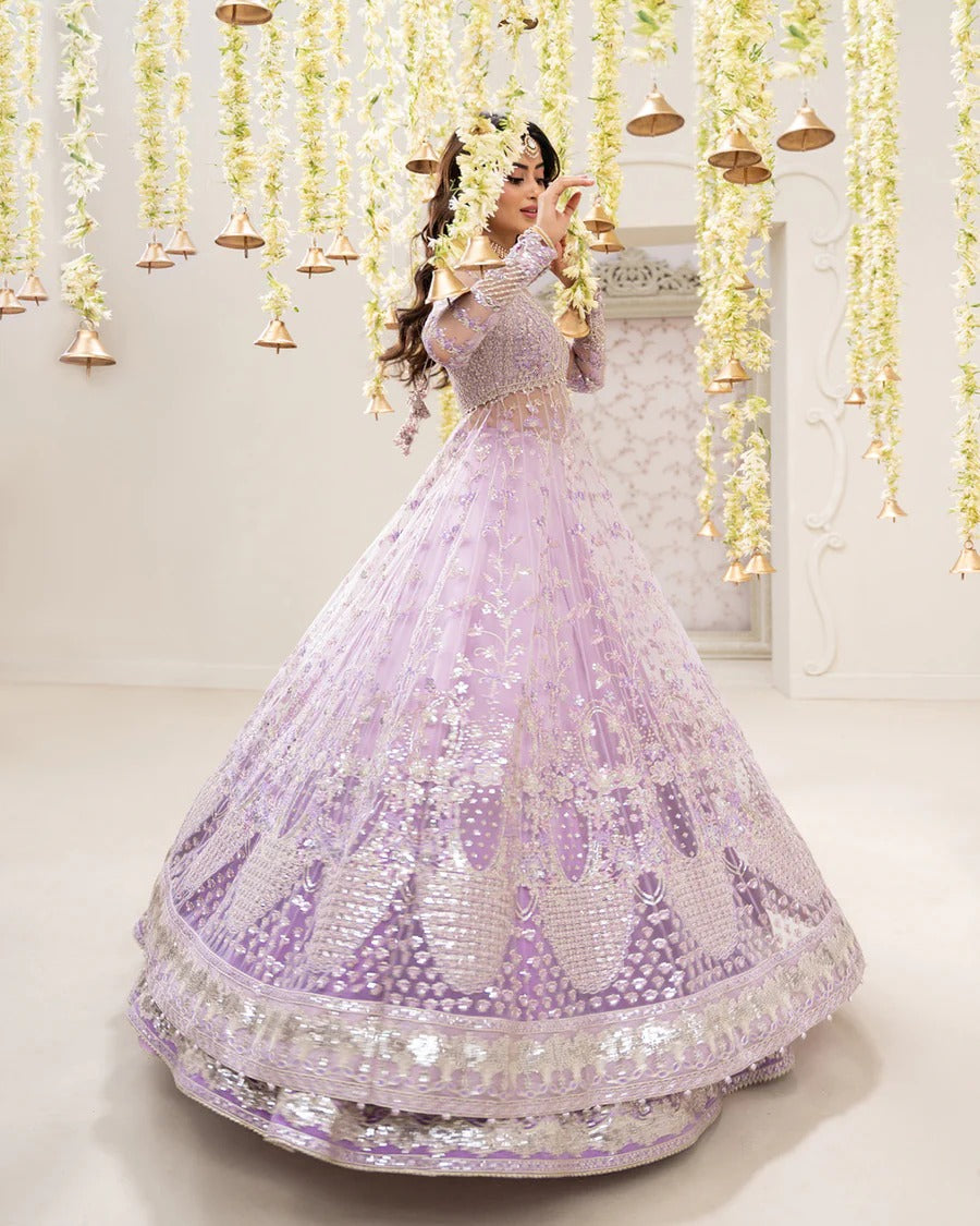 Pinar ensemble in lilac net bodice jacket with embroidered Shamose silk lehnga and flowy chiffon dupatta—perfect for weddings, festive occasions, and formal events.