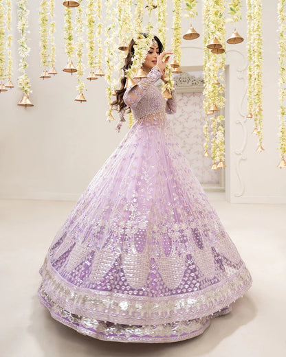Pinar ensemble in lilac net bodice jacket with embroidered Shamose silk lehnga and flowy chiffon dupatta—perfect for weddings, festive occasions, and formal events.