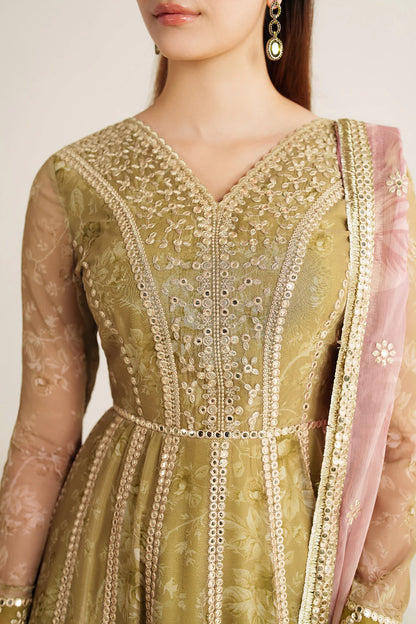 Graceful embroidered chiffon ensemble with printed sleeves, dupatta borders, and raw silk bottom. Elegant, lightweight design perfect for formal wear events.