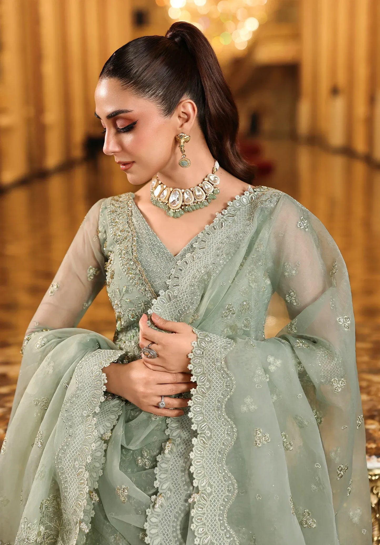 Lime Light by Elaf Stardom ’25 features hand-embroidered organza panels, elegant dupatta, and raw silk inner — perfect for festive gatherings and formal occasions.