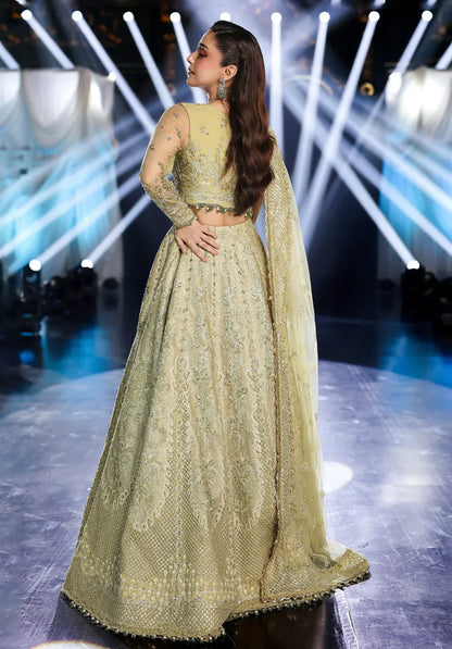 Mint Majesty by Elaf Stardom ’25 features hand-embroidered organza-poly net panels, elegant dupatta, and raw silk inner — perfect for festive and formal events.