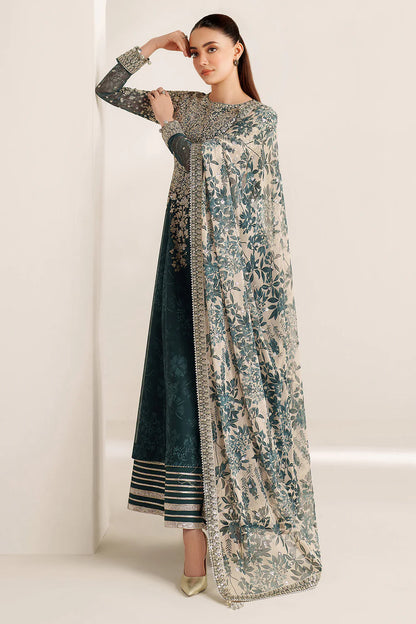 Elegant embroidered chiffon ensemble with printed yoke and panels, delicate sleeve borders, flowing back, embroidered dupatta, and raw silk bottom for timeless style.