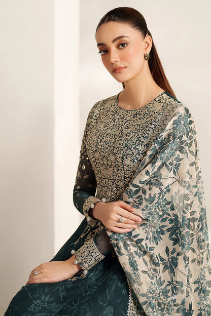 Elegant embroidered chiffon ensemble with printed yoke and panels, delicate sleeve borders, flowing back, embroidered dupatta, and raw silk bottom for timeless style.
