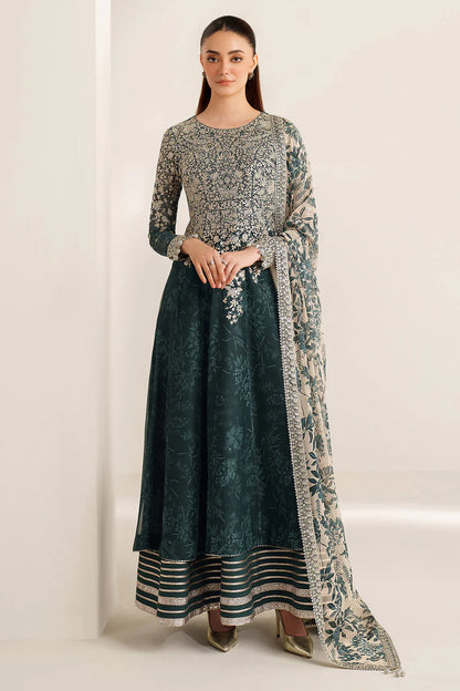 Elegant embroidered chiffon ensemble with printed yoke and panels, delicate sleeve borders, flowing back, embroidered dupatta, and raw silk bottom for timeless style.