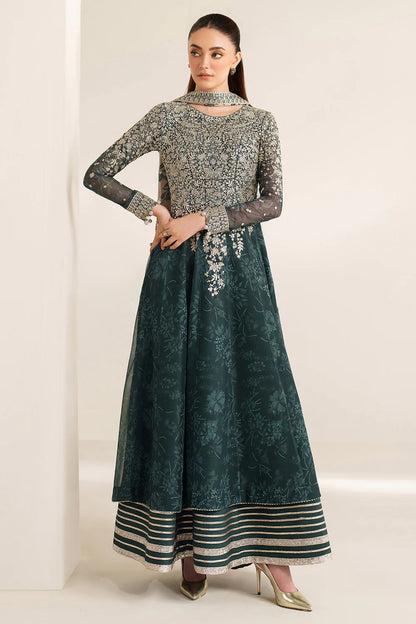 Elegant embroidered chiffon ensemble with printed yoke and panels, delicate sleeve borders, flowing back, embroidered dupatta, and raw silk bottom for timeless style.