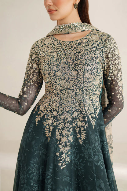Elegant embroidered chiffon ensemble with printed yoke and panels, delicate sleeve borders, flowing back, embroidered dupatta, and raw silk bottom for timeless style.