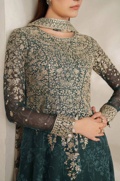 Elegant embroidered chiffon ensemble with printed yoke and panels, delicate sleeve borders, flowing back, embroidered dupatta, and raw silk bottom for timeless style.