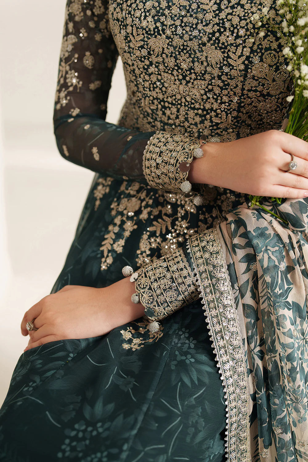 Elegant embroidered chiffon ensemble with printed yoke and panels, delicate sleeve borders, flowing back, embroidered dupatta, and raw silk bottom for timeless style.