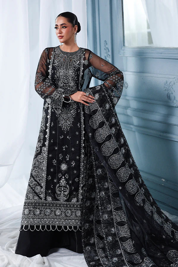 Black organza unstitched suit with celestial embroidery, raw silk shahrara and heavily embellished dupatta pallus for luxurious evening wear occasions.