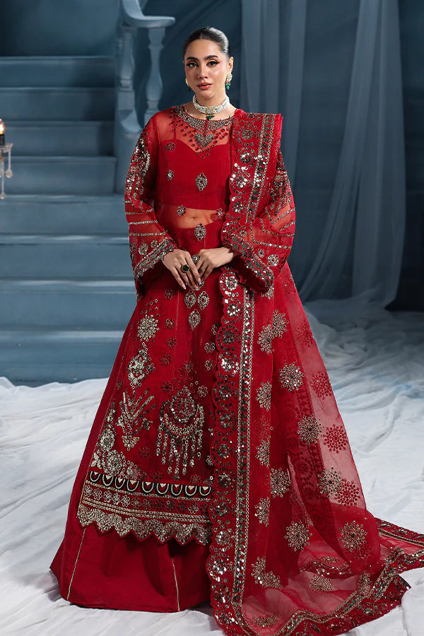 Scarlet red organza unstitched suit with artisanal embroidery, raw silk shahrara and lavishly embellished dupatta pallus for regal festive wear.