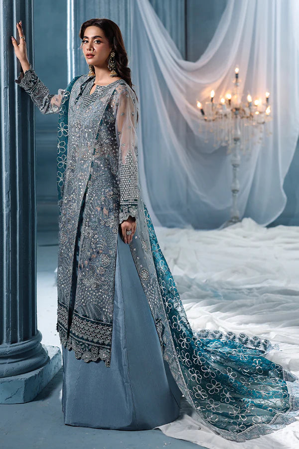 Slate grey organza unstitched suit with majestic embroidery, contrast silk details, raw silk shahrara and embellished dupatta for festive luxury wear.