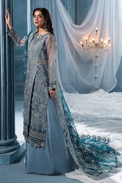 Slate grey organza unstitched suit with majestic embroidery, contrast silk details, raw silk shahrara and embellished dupatta for festive luxury wear.