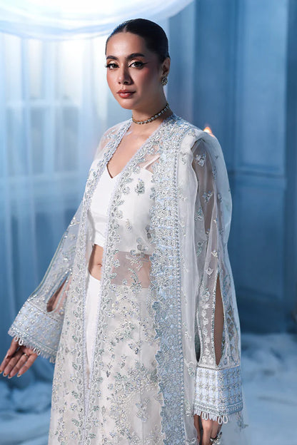 Off-white ivory organza unstitched suit with fine threadwork, contrast silk borders, raw silk shahrara and embellished dupatta for elegant festive wear.