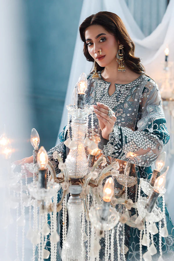 Slate grey organza unstitched suit with majestic embroidery, contrast silk details, raw silk shahrara and embellished dupatta for festive luxury wear.