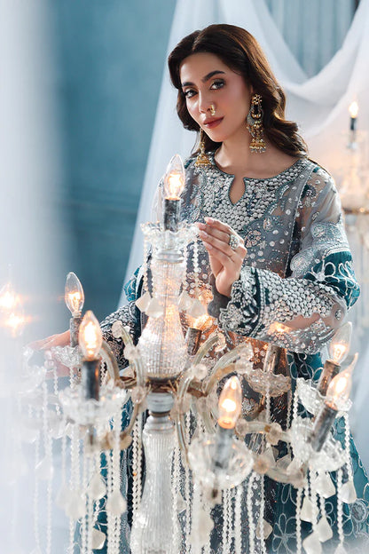 Slate grey organza unstitched suit with majestic embroidery, contrast silk details, raw silk shahrara and embellished dupatta for festive luxury wear.