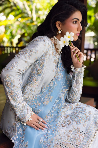 Elegant Ice Blue 3-piece unstitched set with hand & machine embellishments, perfect for weddings and festive occasions. Premium tissue & organza fabrics.
