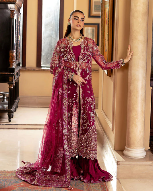 Elegant wedding formal featuring hand-embroidered sequined organza shirt, raw silk lehenga, sequined dupatta, and exquisite lace & tassel finishes.