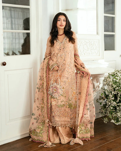 Elegant mocha chiffon suit with handwork, 3D florals, printed organza dupatta & foil silk trouser. Finished with tassels, lace & pearl detailing. Shop now!