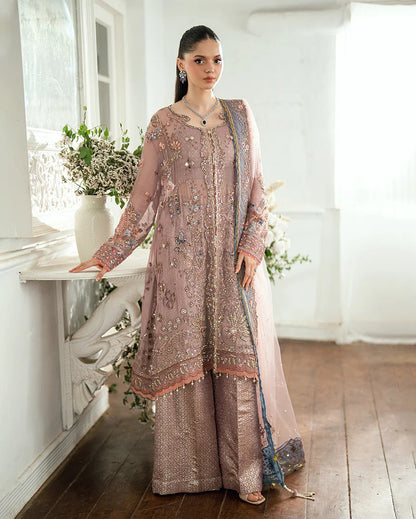 Luxury chiffon lehenga outfit with hand embellishments, sequins & pearl-detailed net dupatta. Includes jamawar lehenga & handcrafted tassels. Shop now!