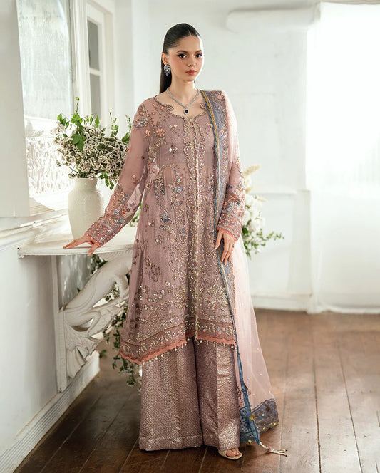 Luxury chiffon lehenga outfit with hand embellishments, sequins & pearl-detailed net dupatta. Includes jamawar lehenga & handcrafted tassels. Shop now!