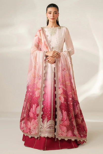 Expertly crafted embroidered chiffon ensemble with digitally printed yoke, panels, sleeves, detailed borders, elegant dupatta, and dyed raw silk bottom.