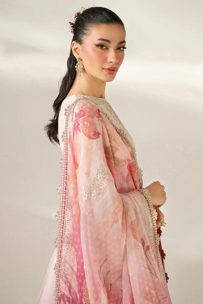 Expertly crafted embroidered chiffon ensemble with digitally printed yoke, panels, sleeves, detailed borders, elegant dupatta, and dyed raw silk bottom.