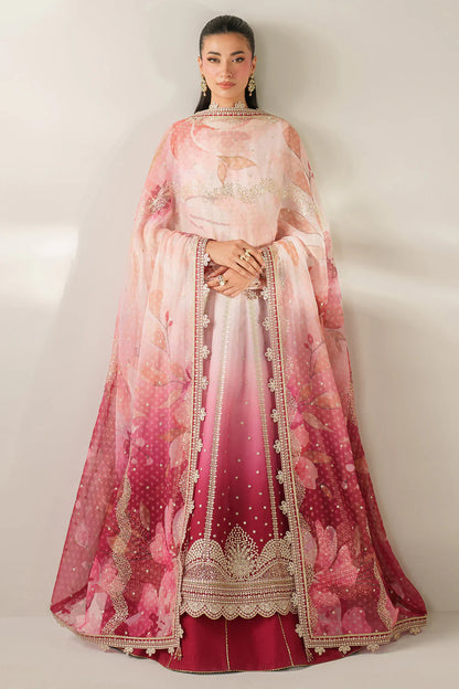 Expertly crafted embroidered chiffon ensemble with digitally printed yoke, panels, sleeves, detailed borders, elegant dupatta, and dyed raw silk bottom.