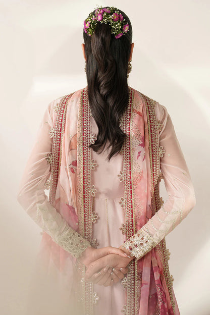 Expertly crafted embroidered chiffon ensemble with digitally printed yoke, panels, sleeves, detailed borders, elegant dupatta, and dyed raw silk bottom.