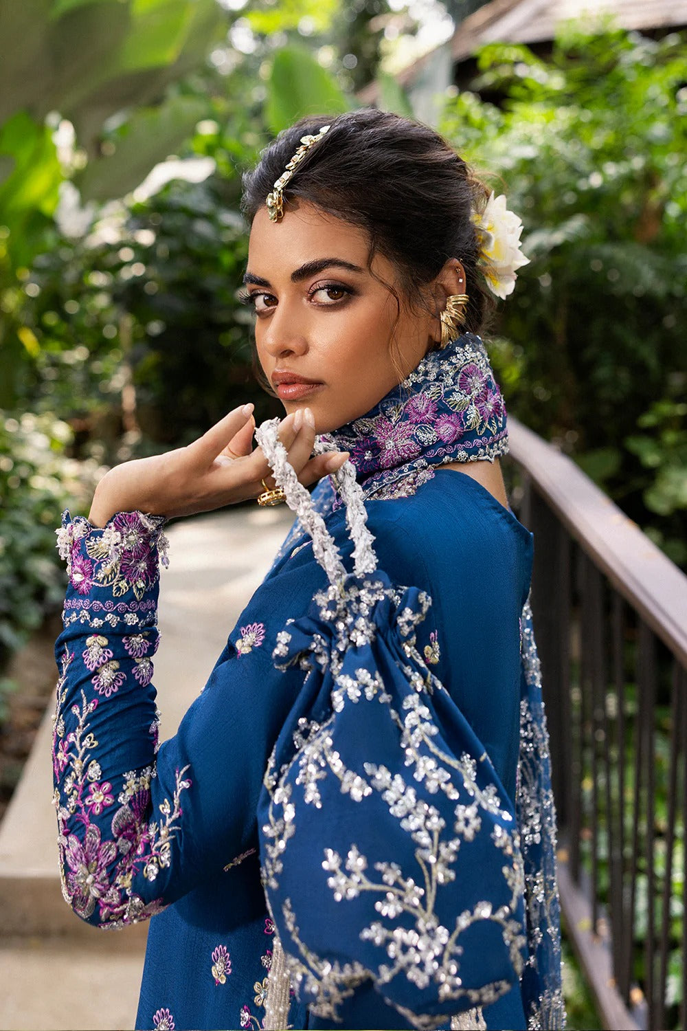 Royal Blue 3-piece unstitched set in net & raw silk with hand and machine embroidery. Elegant design perfect for weddings and festive occasions.