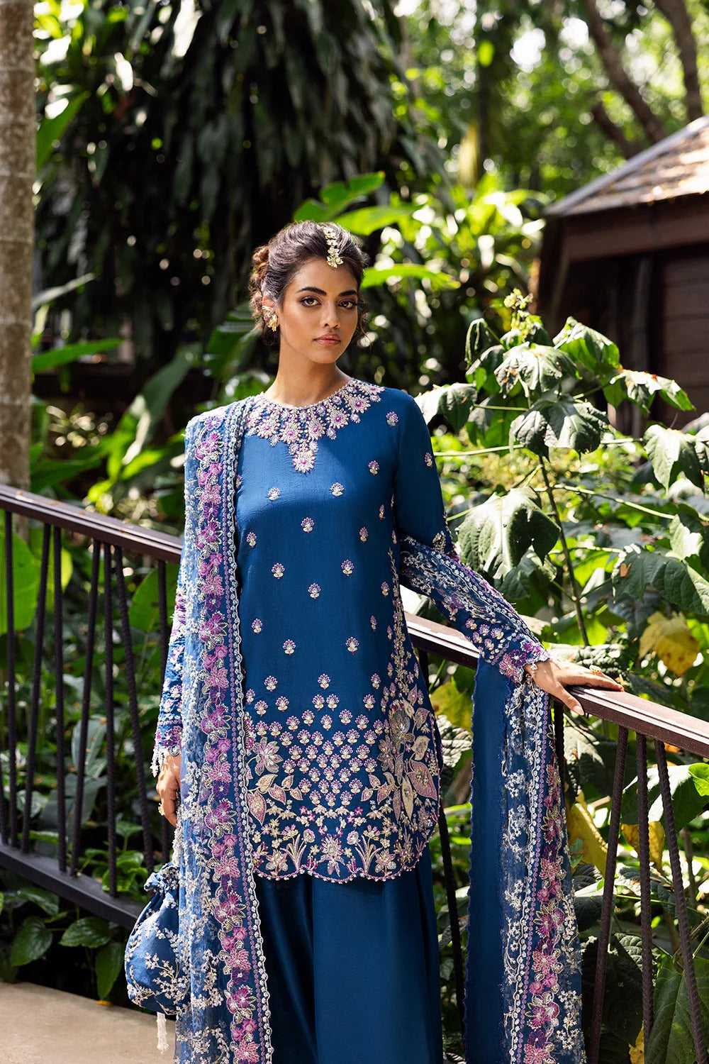 Royal Blue 3-piece unstitched set in net & raw silk with hand and machine embroidery. Elegant design perfect for weddings and festive occasions.