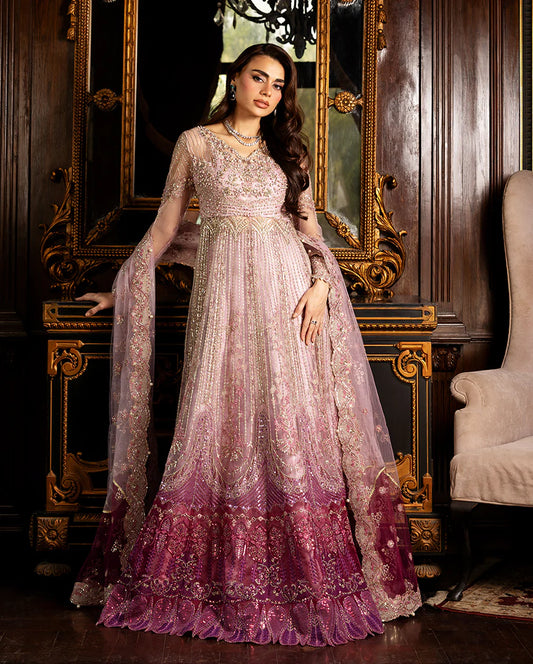 Luxury wedding formal featuring sequined and hand-embellished net shirt, organza borders, elegant net dupatta and rich jamawar lehenga.