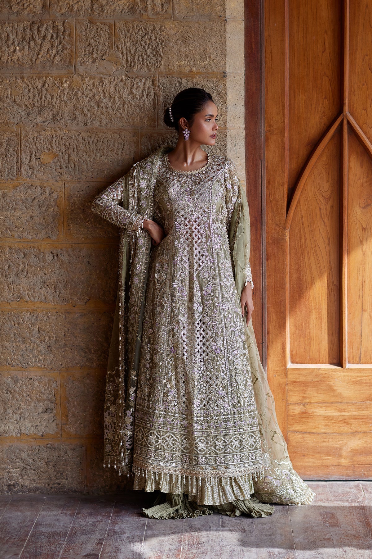 Afrozeh Sukhan olive embroidered organza shirt with jamawar trouser