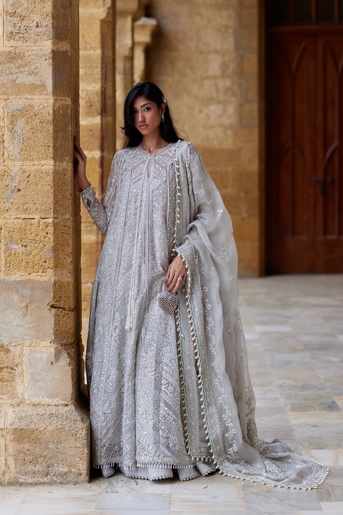 Afrozeh Qissa ivory-white embroidered organza kalidar with raw silk trouser