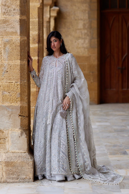 Afrozeh Qissa ivory-white embroidered organza kalidar with raw silk trouser