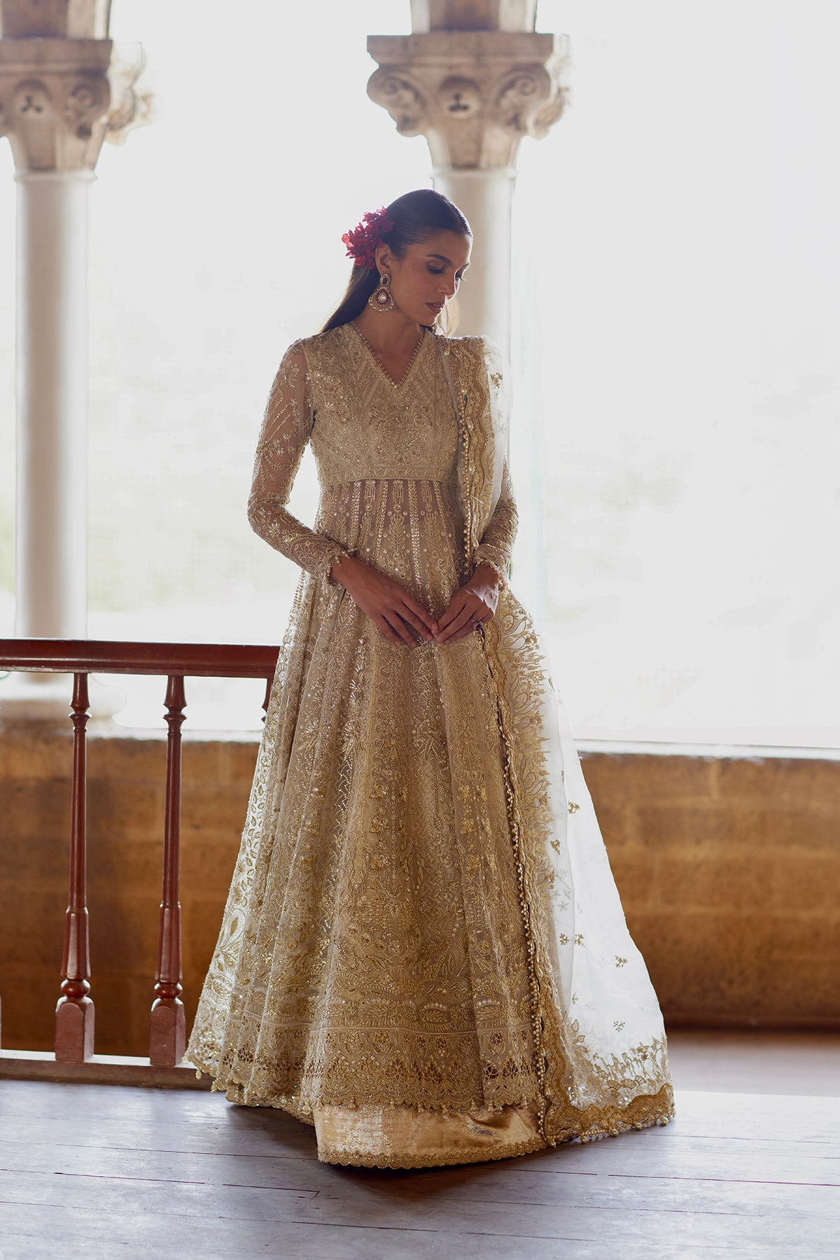 Afrozeh Hikayat champagne-gold embroidered organza maxi with jamawar trouser