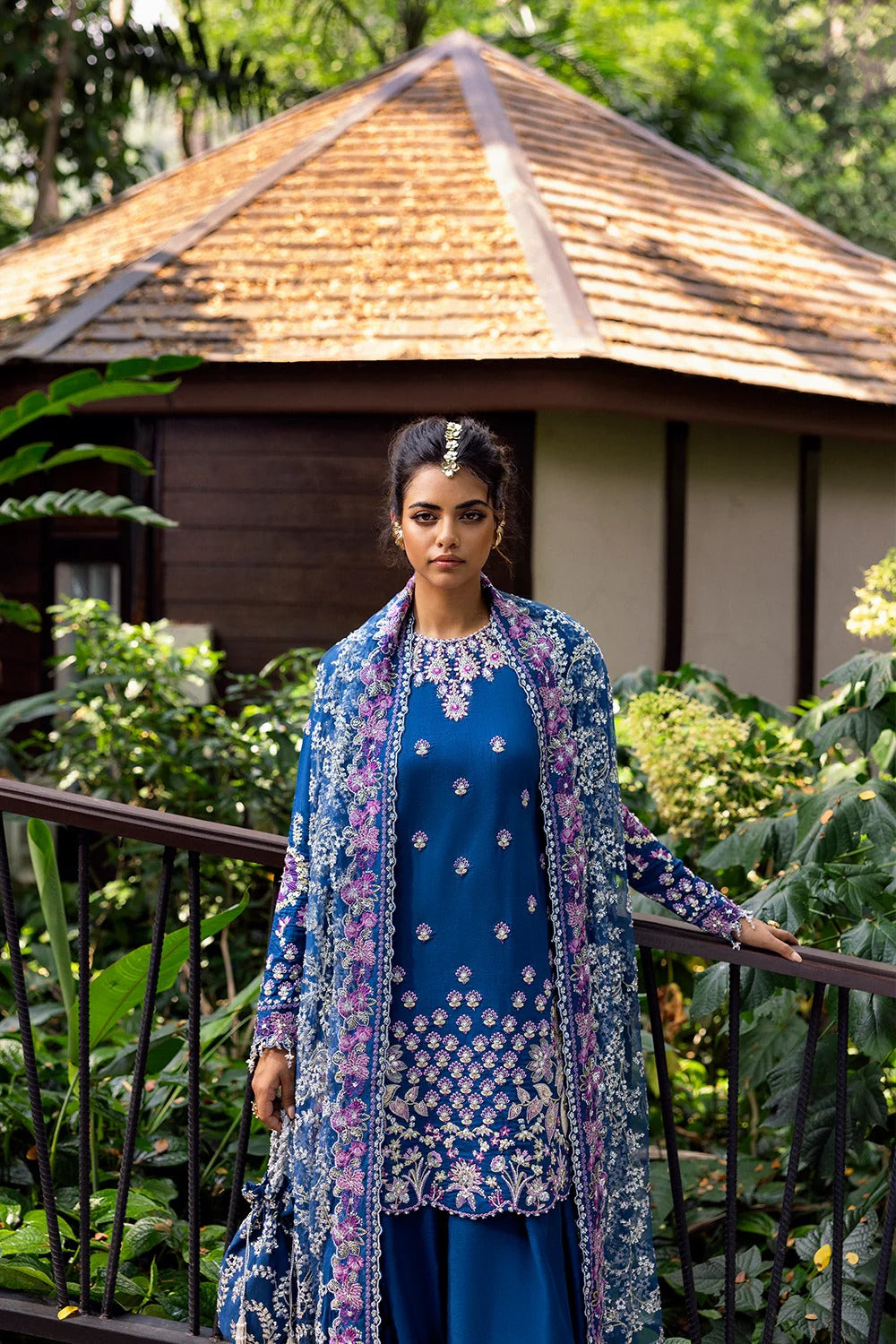 Royal Blue 3-piece unstitched set in net & raw silk with hand and machine embroidery. Elegant design perfect for weddings and festive occasions.