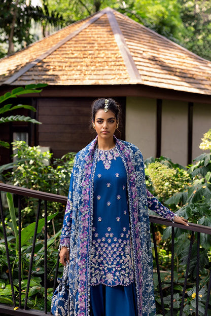 Royal Blue 3-piece unstitched set in net & raw silk with hand and machine embroidery. Elegant design perfect for weddings and festive occasions.