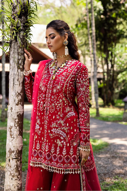 Stunning fuchsia pink 3-piece unstitched set in raw silk & net with hand and machine embroidery, including embroidered trouser and dupatta for festive occasions.