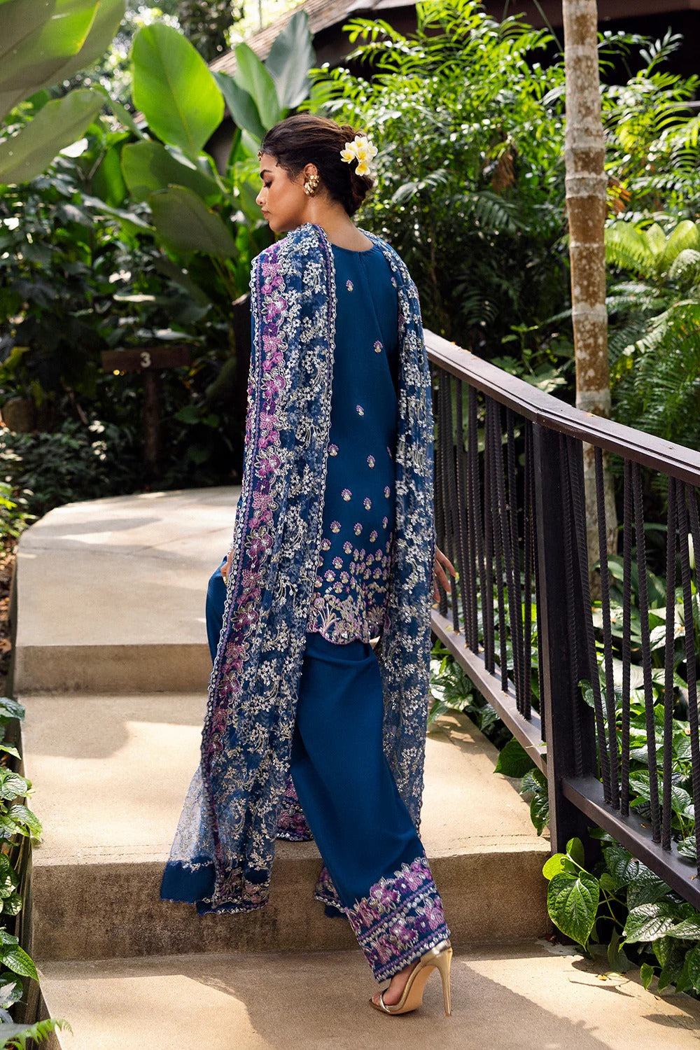 Royal Blue 3-piece unstitched set in net & raw silk with hand and machine embroidery. Elegant design perfect for weddings and festive occasions.
