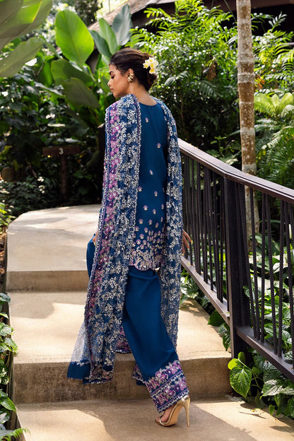 Royal Blue 3-piece unstitched set in net & raw silk with hand and machine embroidery. Elegant design perfect for weddings and festive occasions.