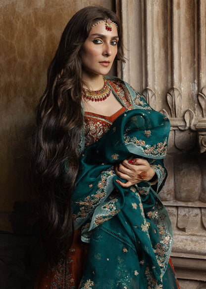 Hussain Rehar Zarin rust pashwas and lehenga, full-length view