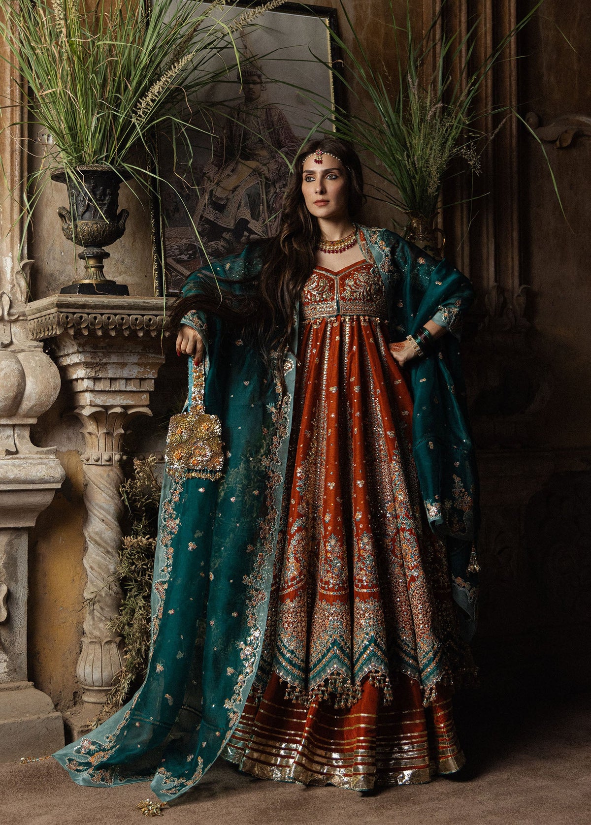 Hussain Rehar Zarin rust orange embroidered pashwas with emerald dupatta