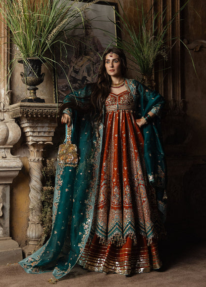 Hussain Rehar Zarin rust orange embroidered pashwas with emerald dupatta