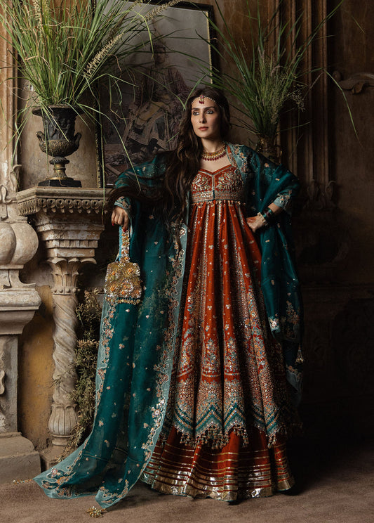 Hussain Rehar Zarin rust orange embroidered pashwas with emerald dupatta