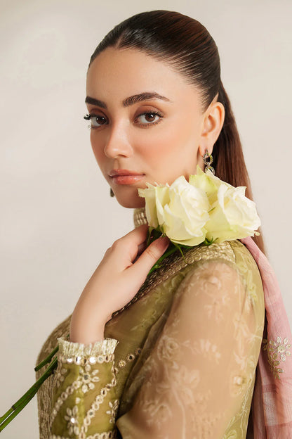 Graceful embroidered chiffon ensemble with printed sleeves, dupatta borders, and raw silk bottom. Elegant, lightweight design perfect for formal wear events.