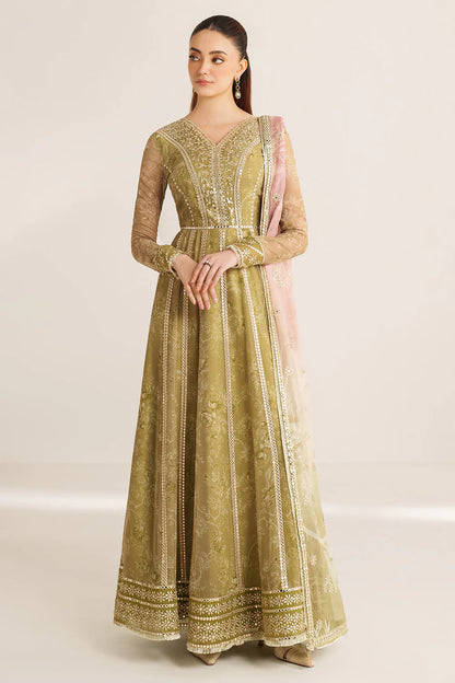 Graceful embroidered chiffon ensemble with printed sleeves, dupatta borders, and raw silk bottom. Elegant, lightweight design perfect for formal wear events.