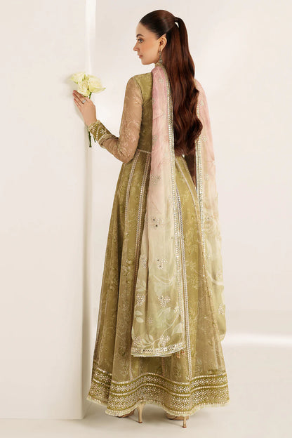 Graceful embroidered chiffon ensemble with printed sleeves, dupatta borders, and raw silk bottom. Elegant, lightweight design perfect for formal wear events.