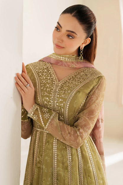 Graceful embroidered chiffon ensemble with printed sleeves, dupatta borders, and raw silk bottom. Elegant, lightweight design perfect for formal wear events.